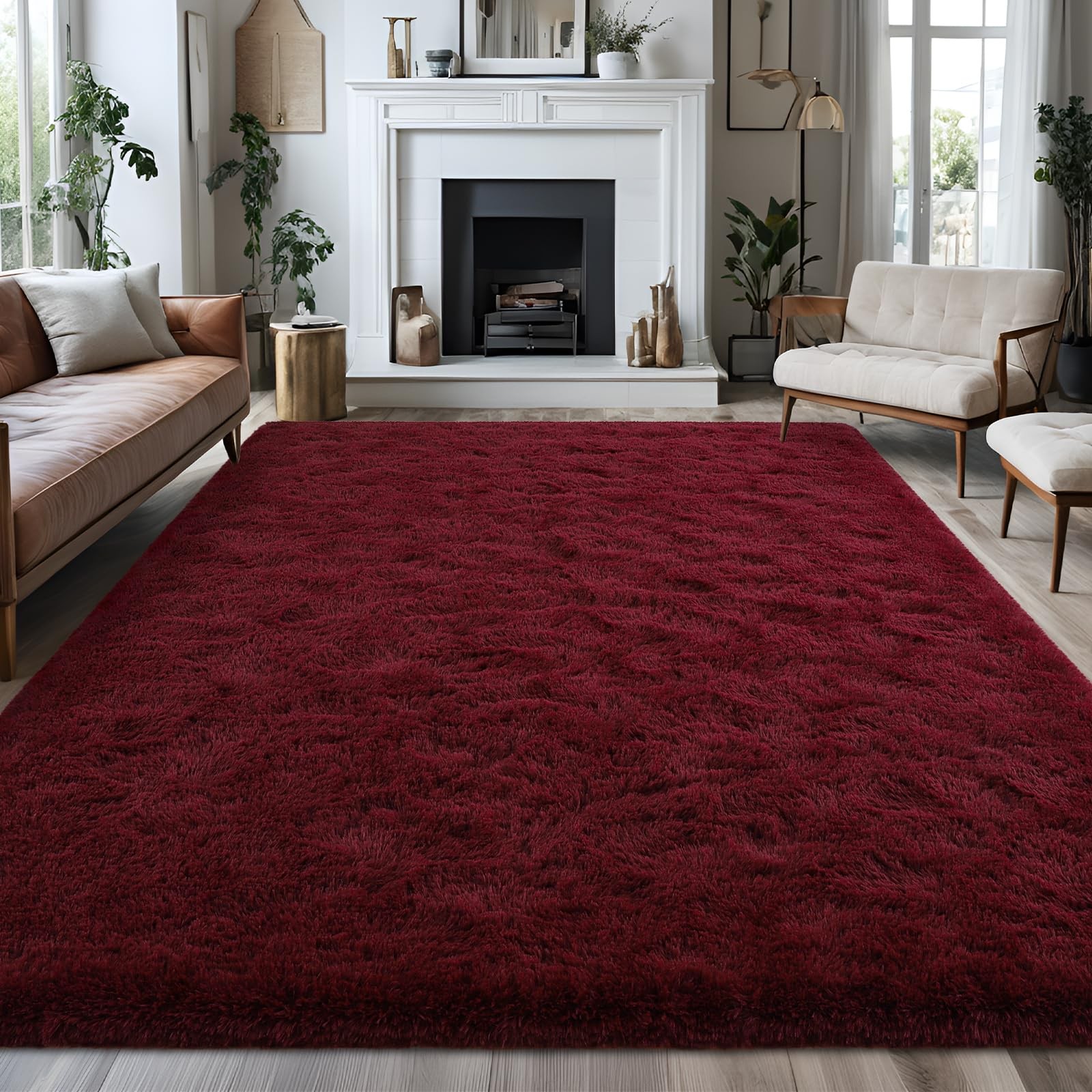 Fluffy Burgundy Red Rugs for Bedroom, 4×6 Feet Dark Red Area Rug for Living R