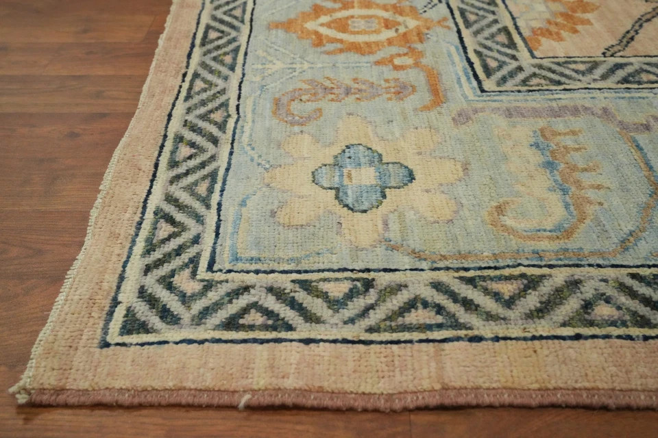 Hand Knotted Oushak Wool Rug Antique Turkish Style Peach Blue Pastel Area Carpet