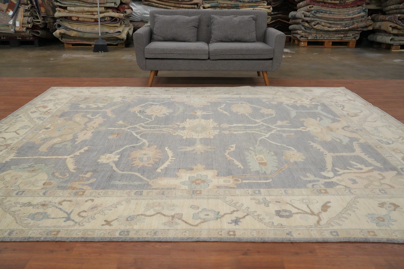 Light Grey Oushak Area Rug 9×11 Ft Handmade Vegetable Dye Oriental Floral Wool
