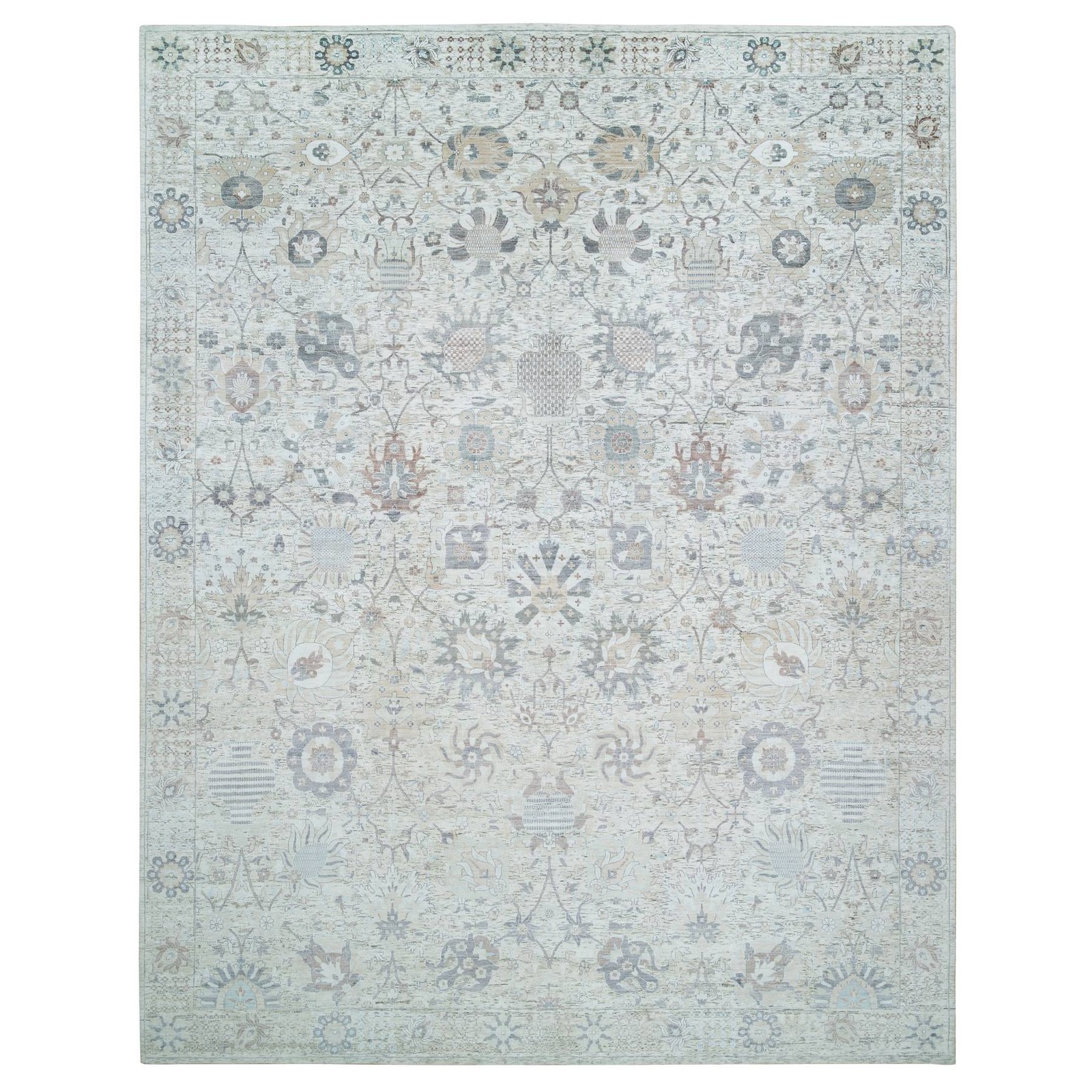 12’x15’5″ Ivory Pure Silk Hand Knotted Tebraz Vase Design Oriental Rug R65683