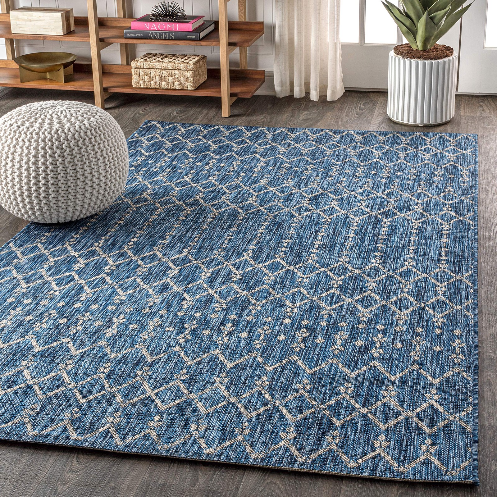 Moroccan Geometric Indoor Outdoor Area Rug 3X5 Navy/Light Gray, Ourika Textur…