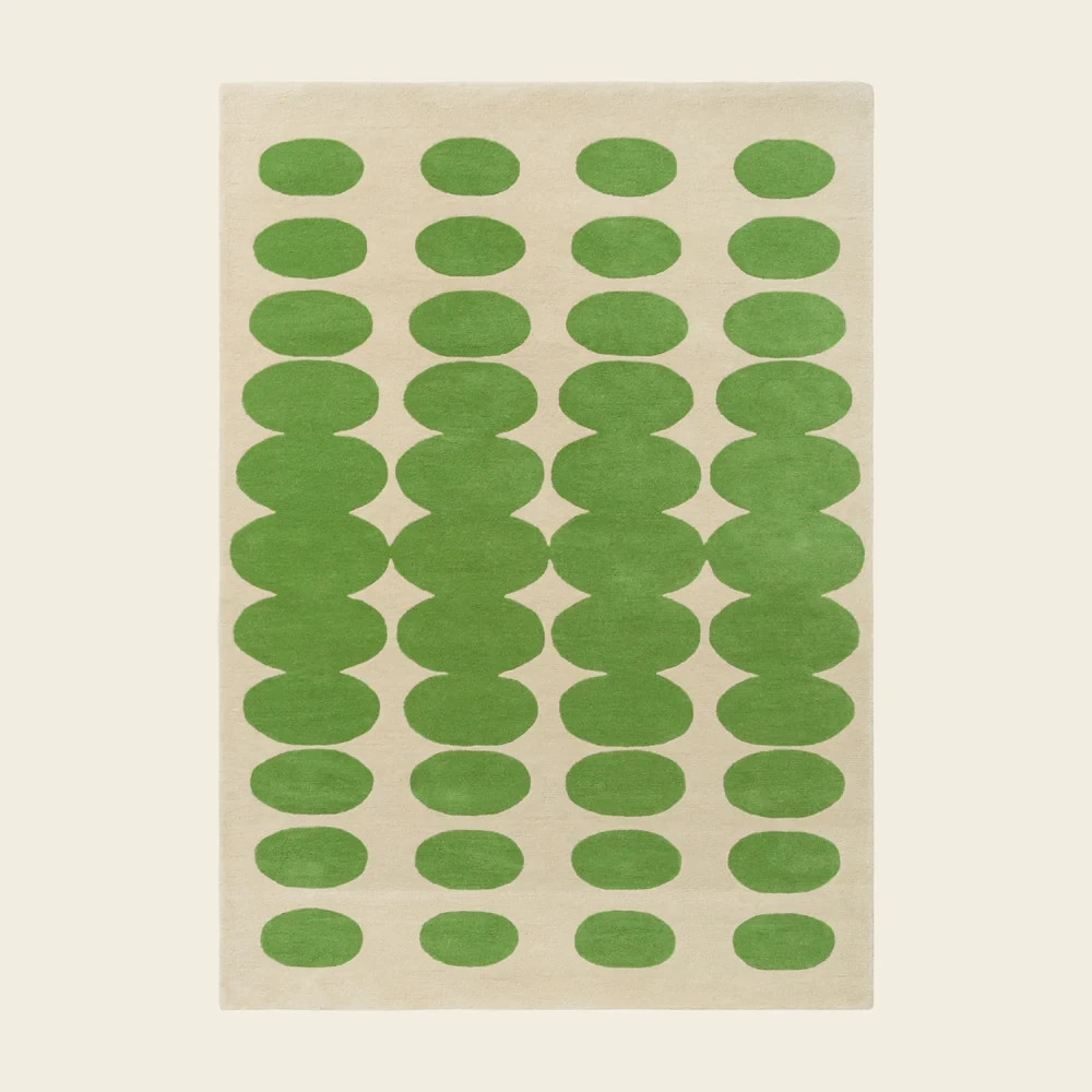 Luxury Soft Rug Optical Oval Rug Green Cream 100% Wool Hand Tufted Living Rooms