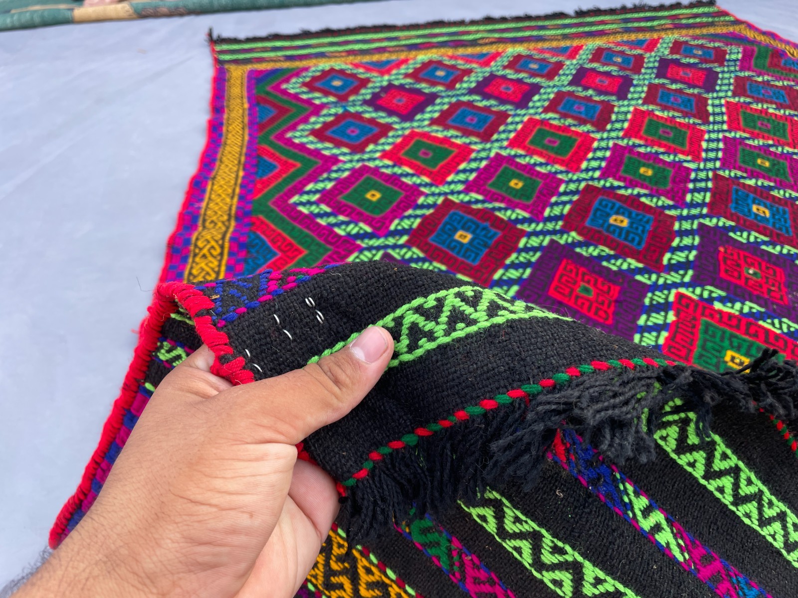 4×5 Bright Uzbek Soumak Rug Handwoven Tribal Geometric Flatweave Carpet.