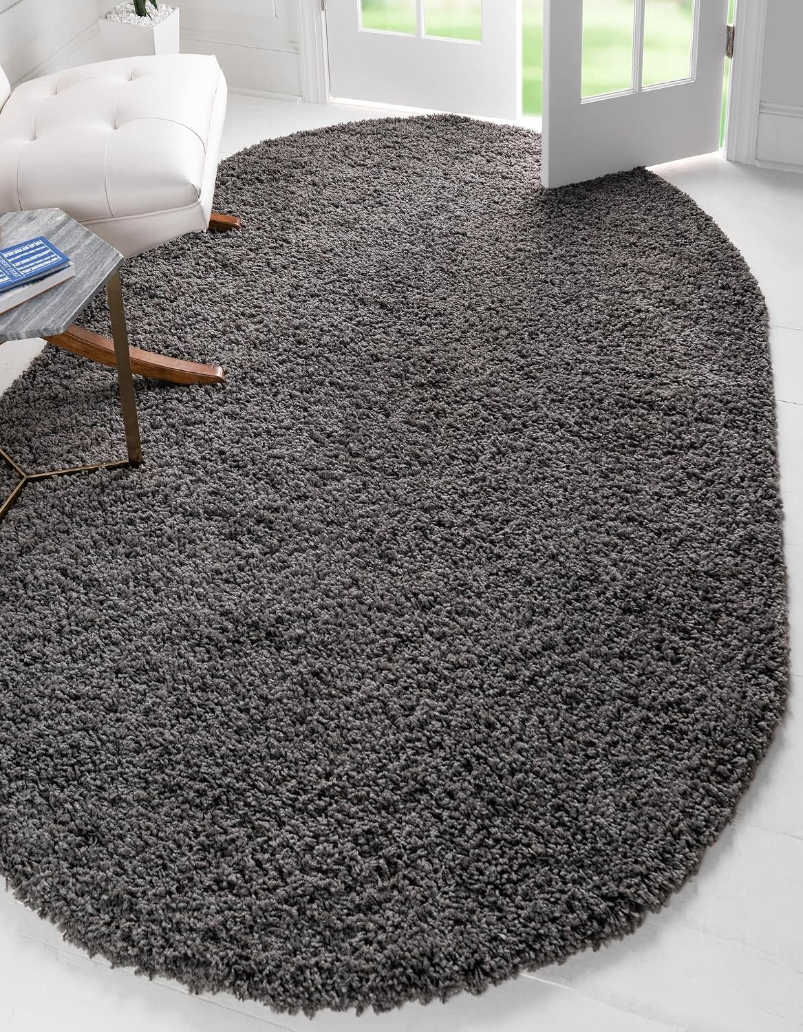Solid Shag Collection Area Rug (3′ 3″ X 5′ 3″ Oval, Graphite Gray)