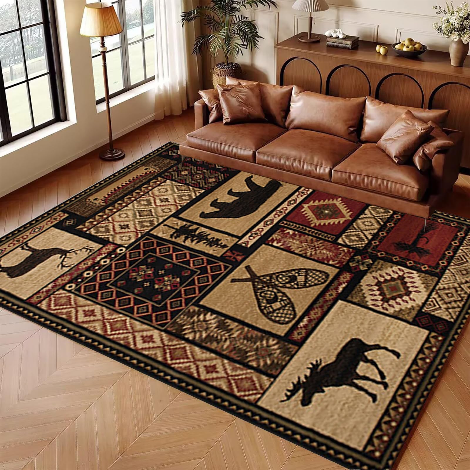Qmkmyy Black Bear Deer Wildlife Area Rugs 5X8 Living Room Rustic Animals Print