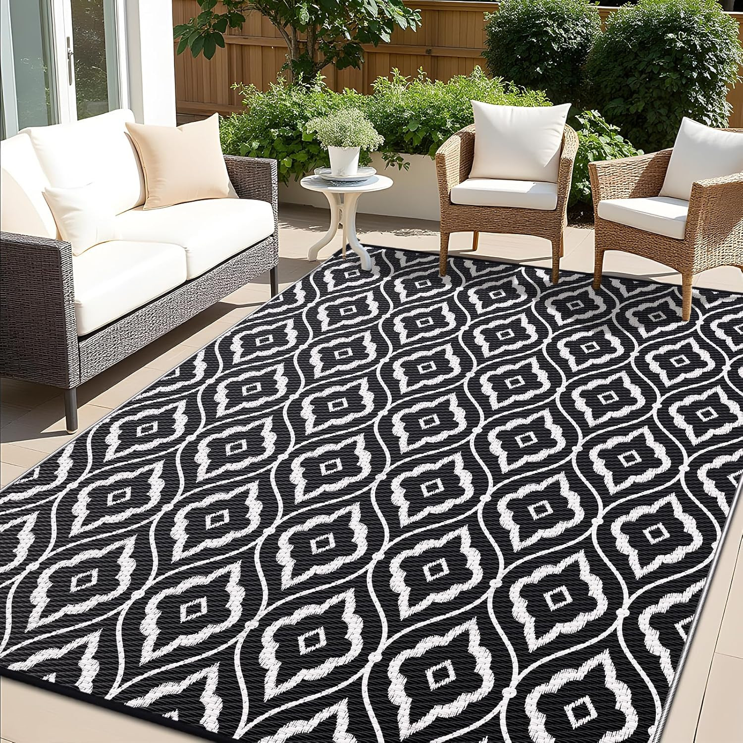 Black and White Outdoor Rug 5 X 8 Feet Waterproof Reversible RV Patio Mat Rug