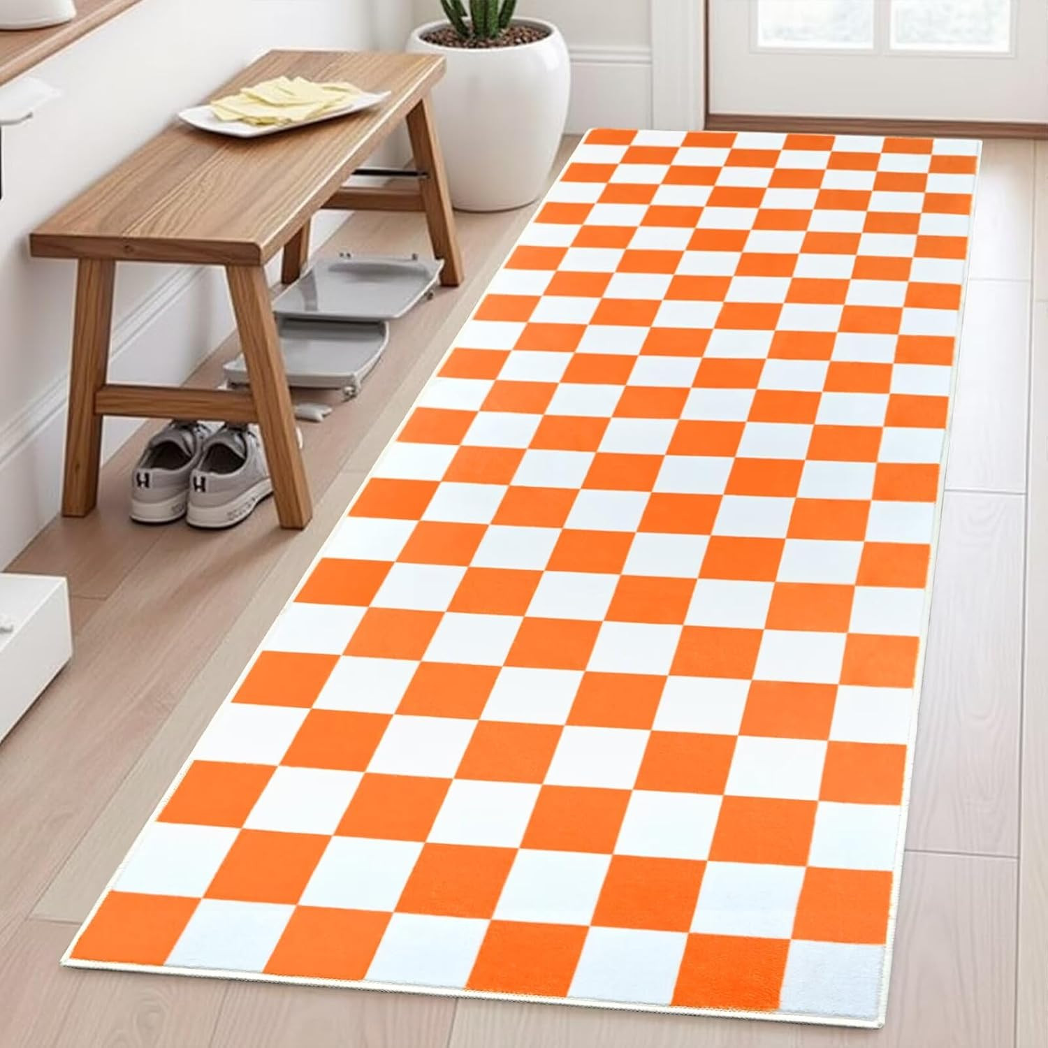 Orange and White Checkered Area Rug for Kitchen,2×6 Runner Rugs Washable with No