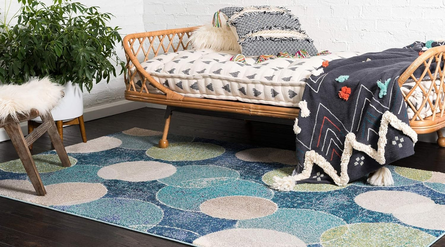 Vibrant Abstract Bokeh Area Rug – Modern Navy Blue/Beige 5′ x 8′ Rectangular