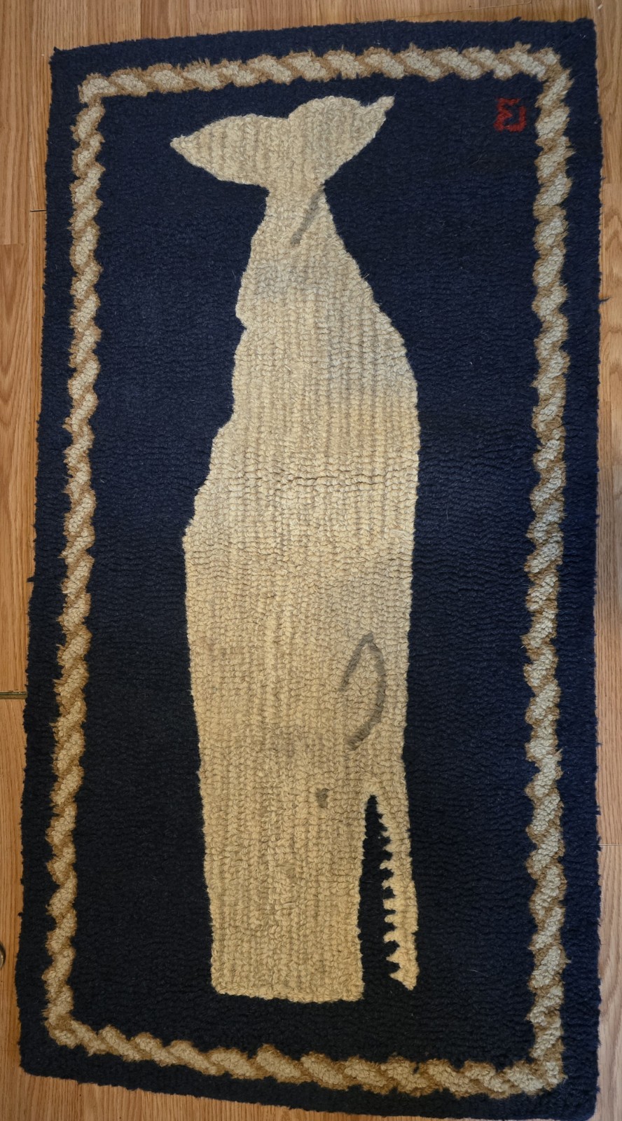 Chandler Four Corners “White Whale on Blue” hooked wool By Laura Megroz 2’x4′