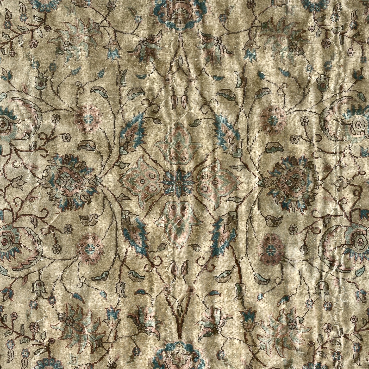8×11.6 Ft Handmade Rug with Floral Design and Beige Field. Vintage Large Carpet