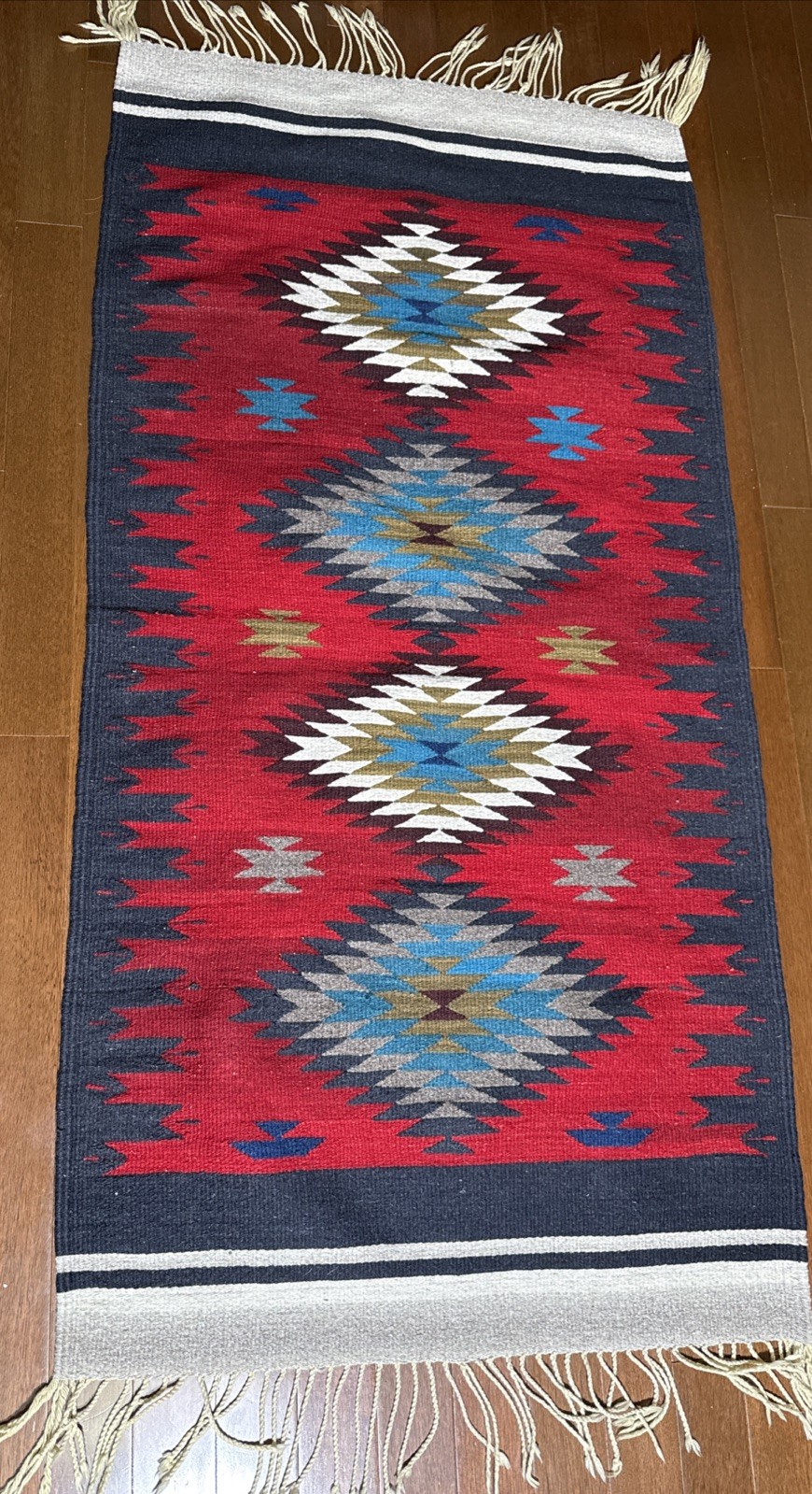 Vintage Native Aztek Design Woven Wool Rug 60×31” Beautiful Double Sided Fringe