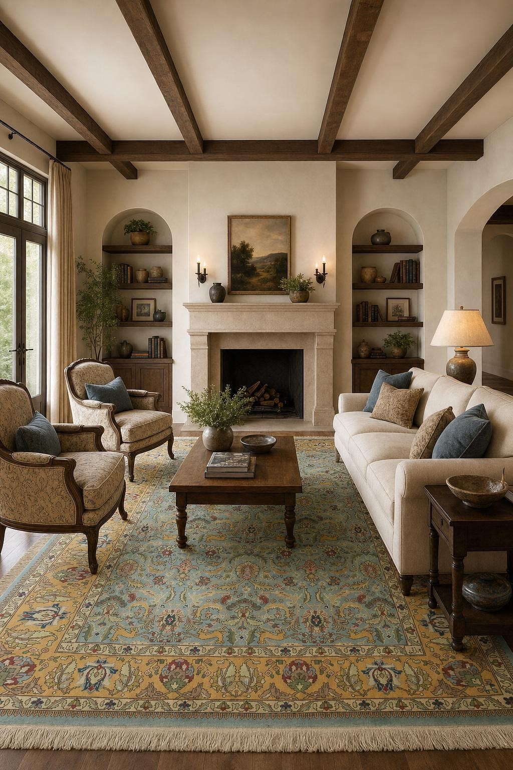 Blue Vintage 8×11 Oriental Wool Area Rug in All-Over Mustard Yellow & Blue Tones