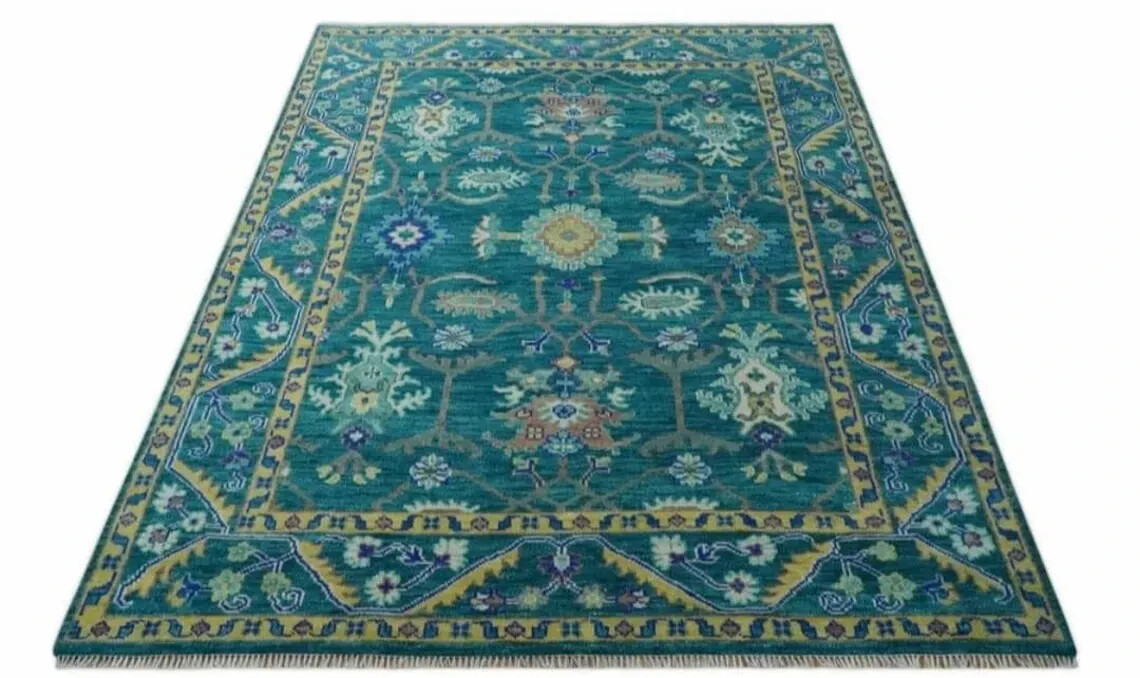 Oushak Hand-knotted Sea Green Turkish Contemporary Rugs for living area .