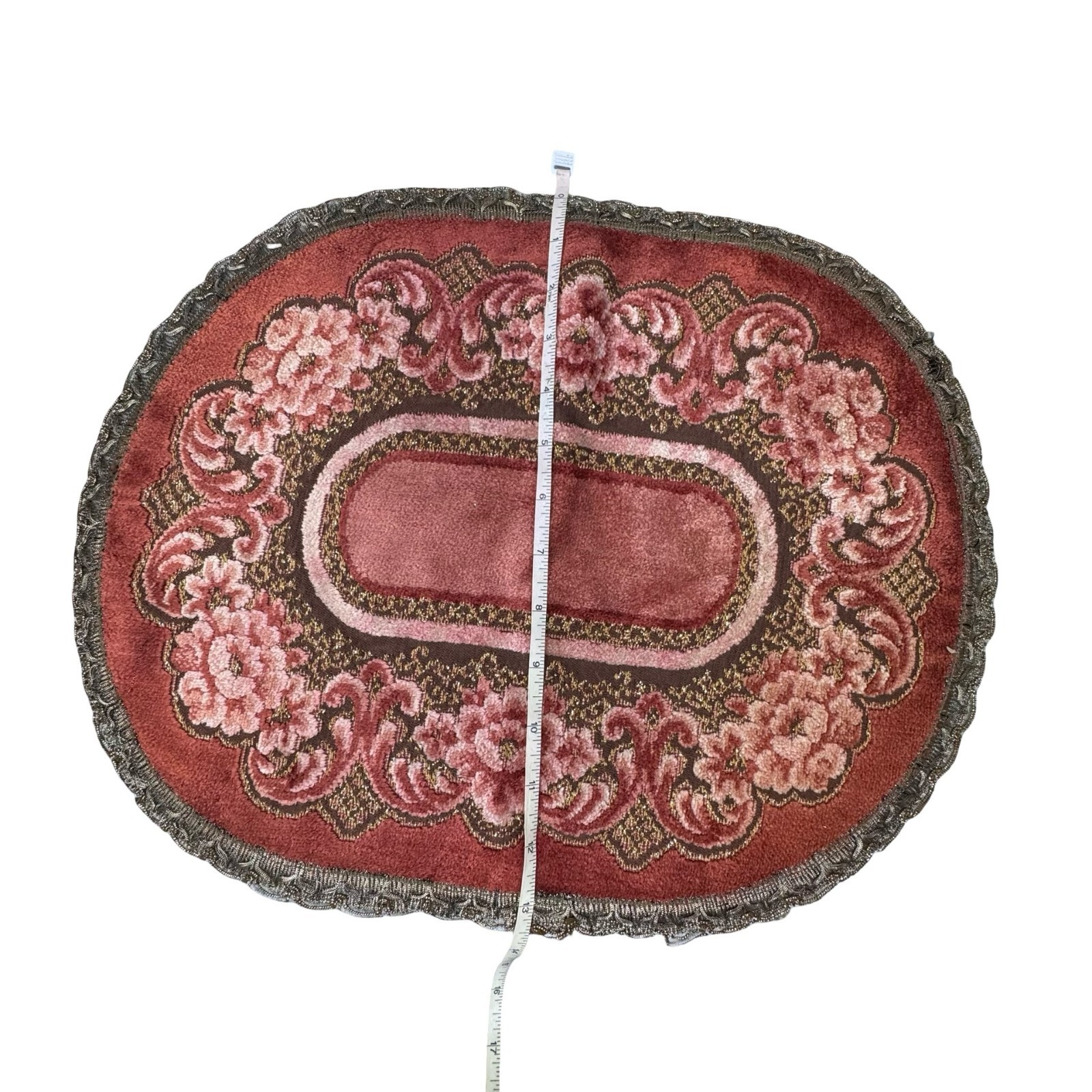 Vintage Oval Floral Rug With Metallic Gold Trim 17″x13″ Red Pink Brown Accent Ma