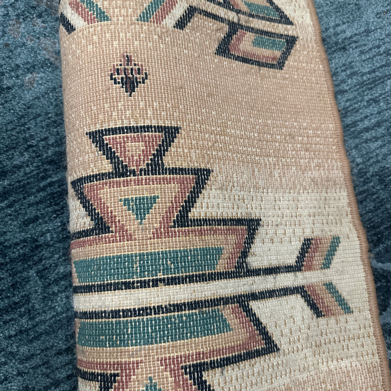 Vintage Southwestern Geometric Accent Rug Peach Teal Black Fringe Boho 39”x23”