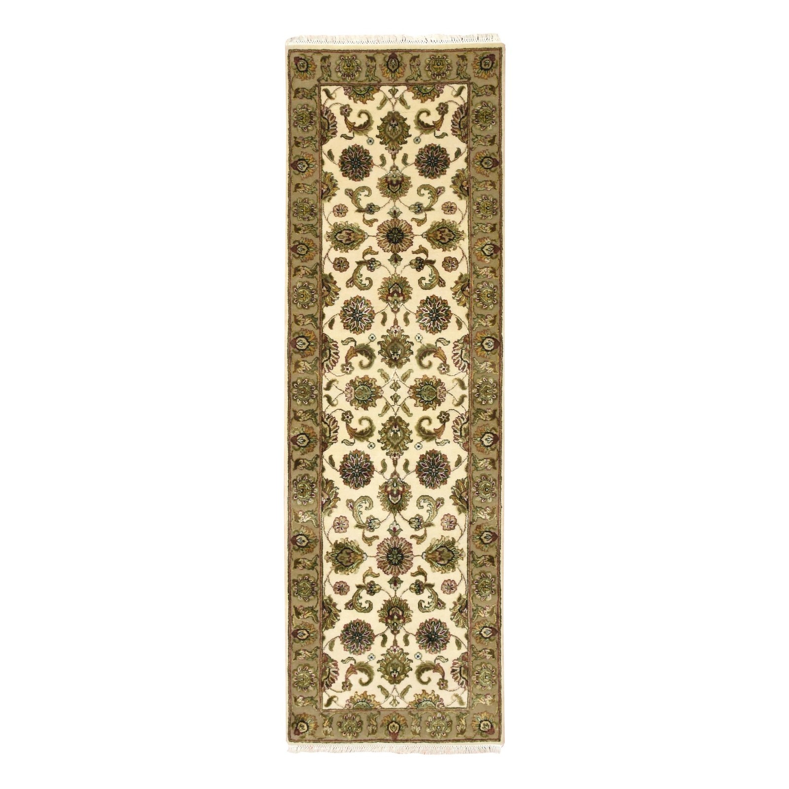 2’6″x8′ White Rajasthan Leaf Design Hand Knotted Wool and Silk Runner Rug R75621