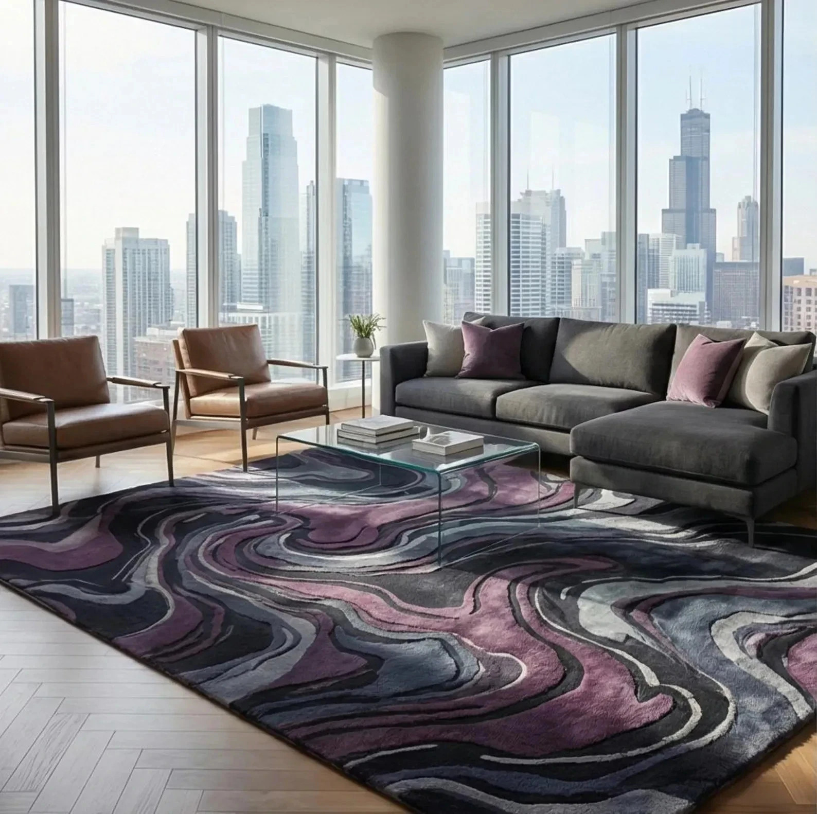Modern Solid Purple Area Rug | Deep Aubergine Charcoal Organic Swirl Living Room