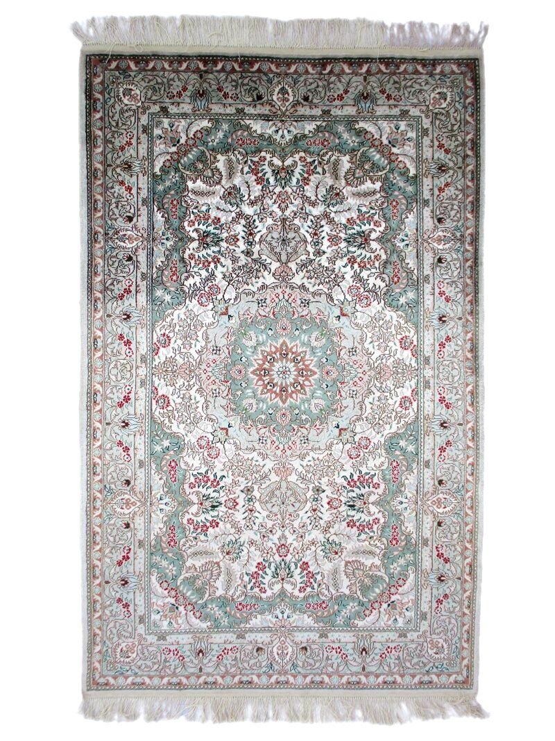 Antique Rug Wool Silk Hand Knotted Oriental 3×5 Cream Area Rug