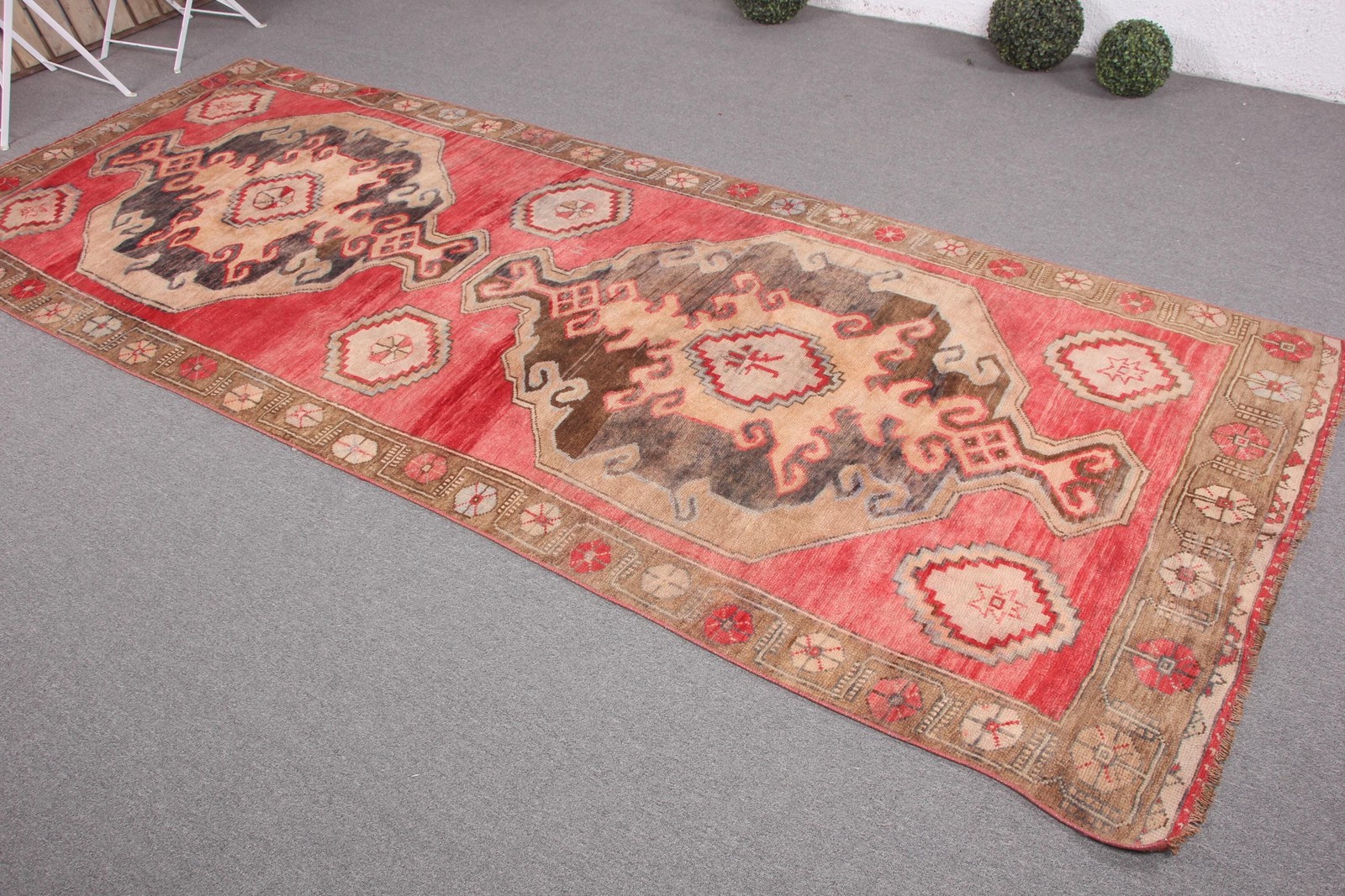 Turkish Vintage Large Rug 4,3×10,7 ft, Red floral geometric Rug Wool