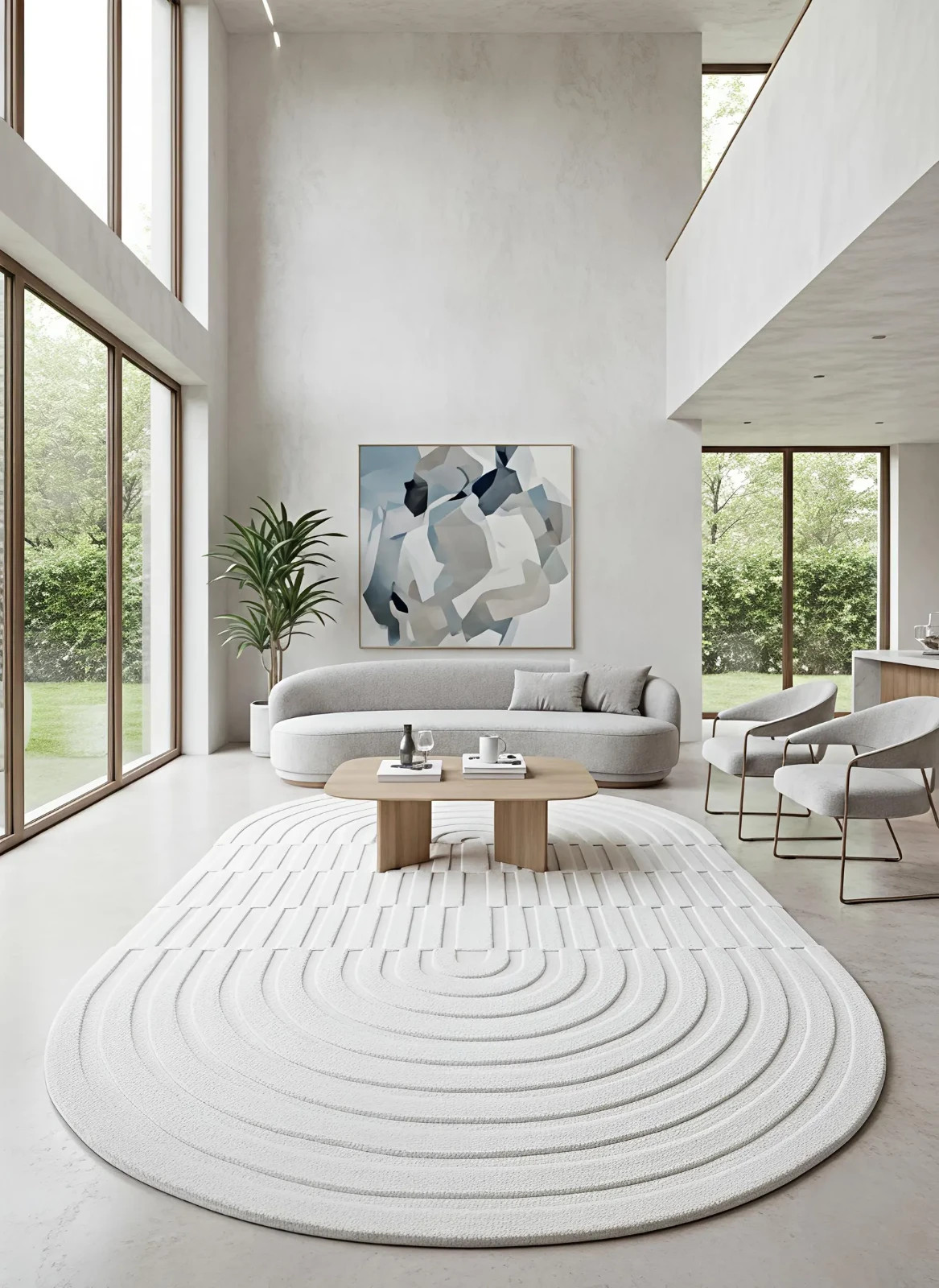 Oval High Pile Rug, Tufted Neutral Area Rug, Modern Texture Living Room 8×10