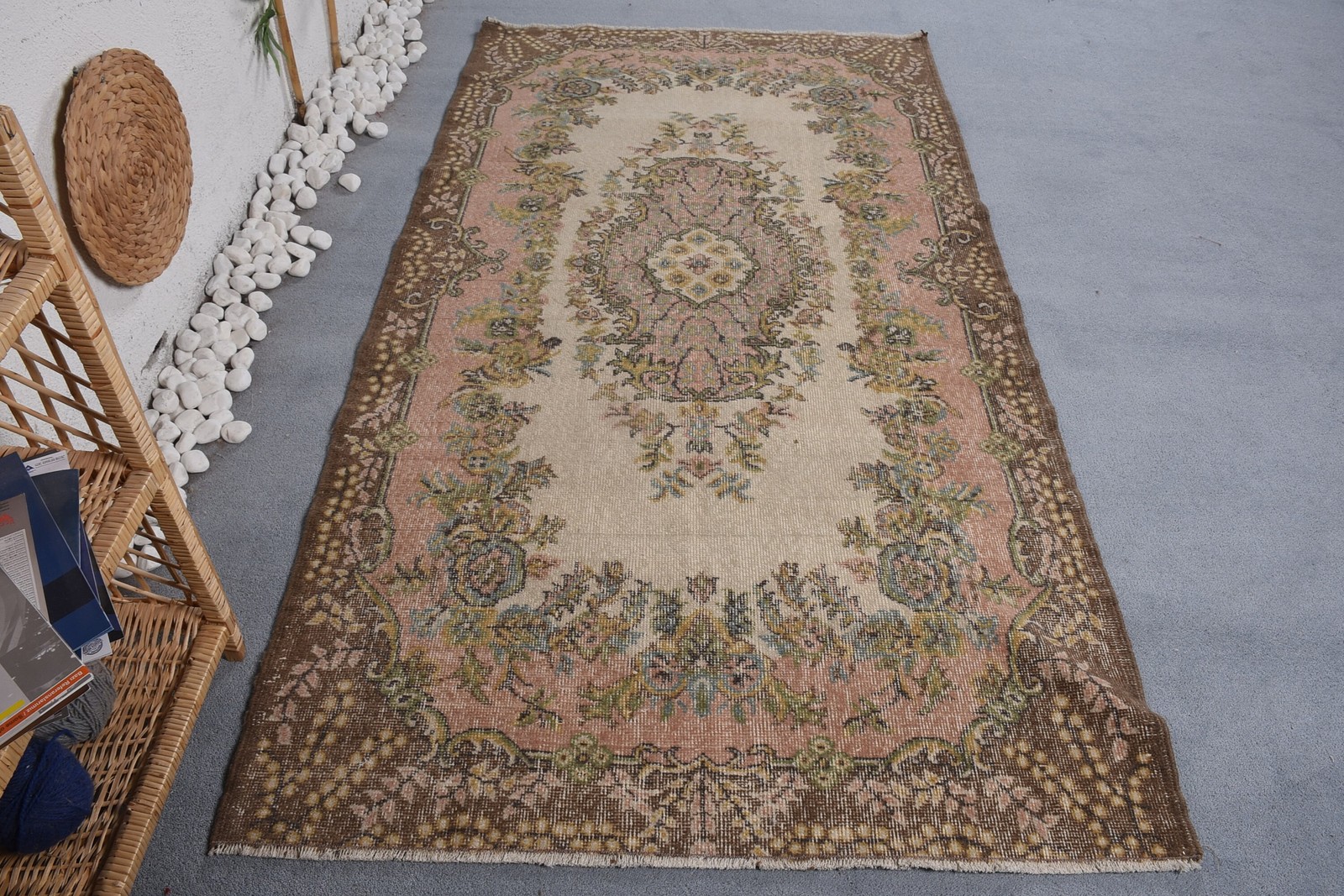 4×7,5 ft Area Turkish Rug, Vintage Rug, Beige Brown Abstract Wool Rug
