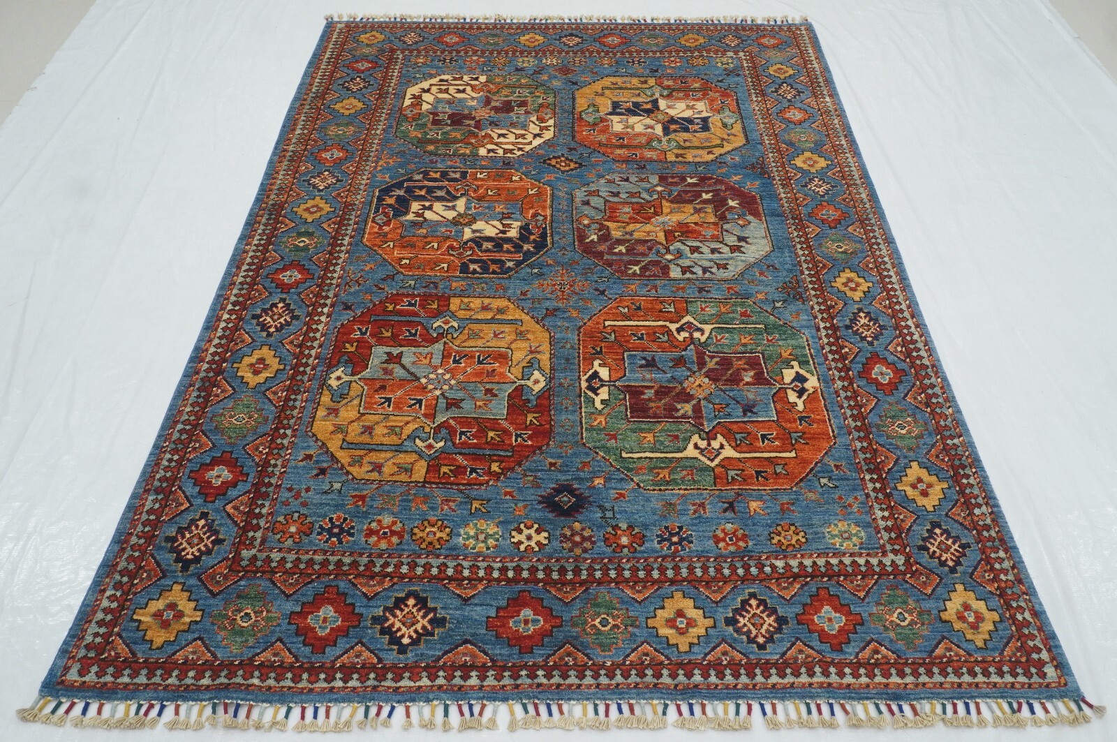 5 x 7 ft Blue Ersari Afghan Hand Knotted Wool Geometric Tribal Area Rug