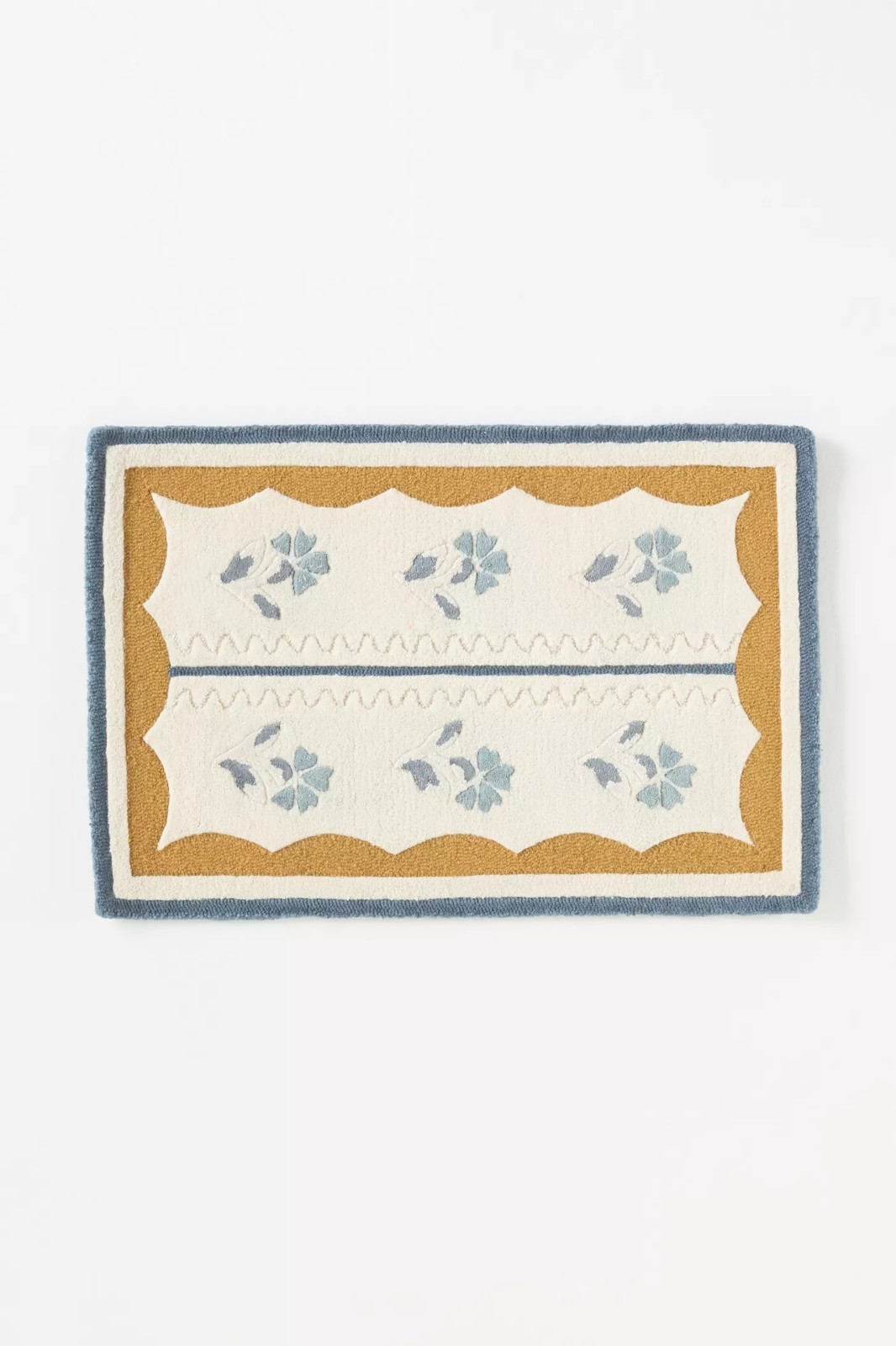 Hand-Tufted Wool Viscose Floral Area Rug Blue Ivory Mustard Border Modern Decor