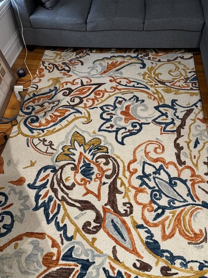 Wool Area Rug Swirling Paisley Motif Orange, Blue, Cream, Yellow