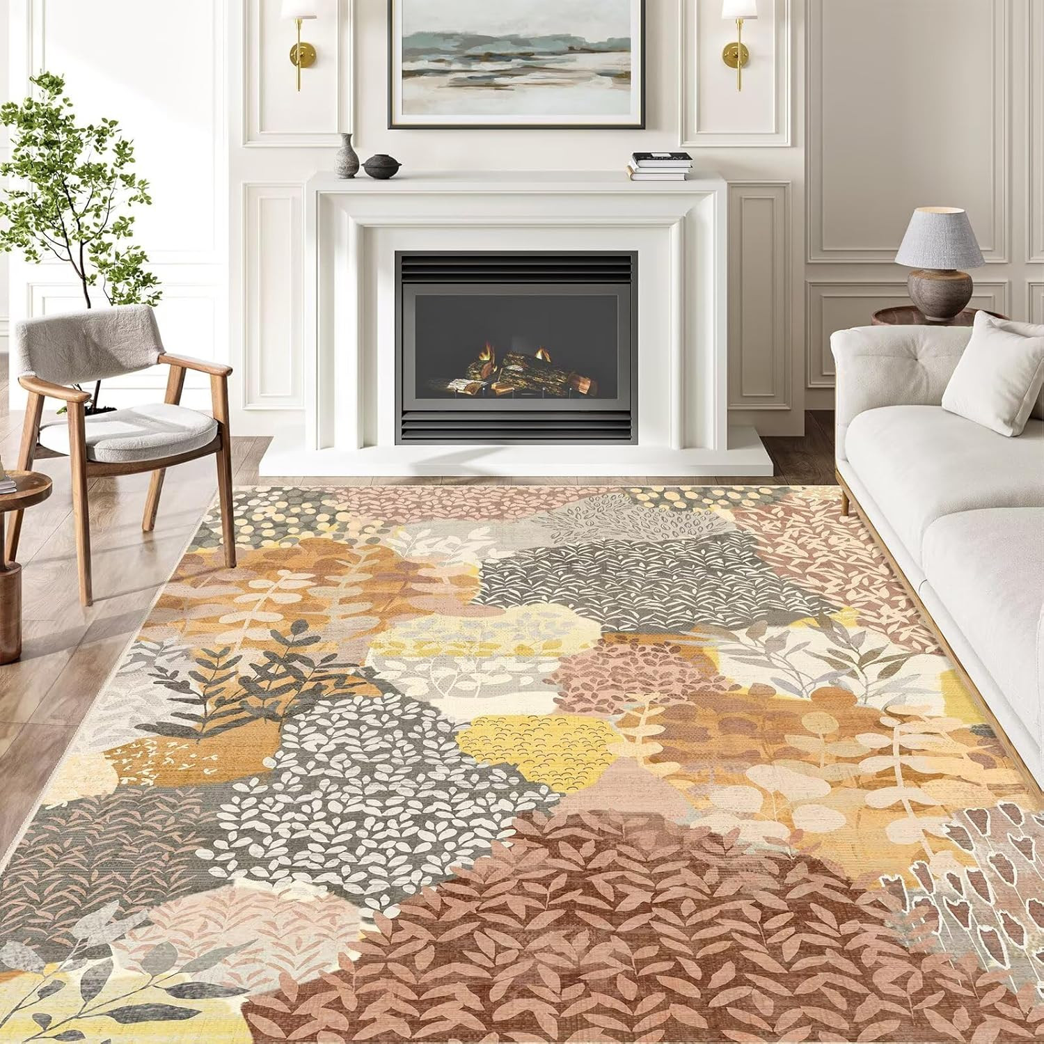 Washable Non-Slip 5X7 Boho Area Rug with Floral Leaves Print for Home & Office