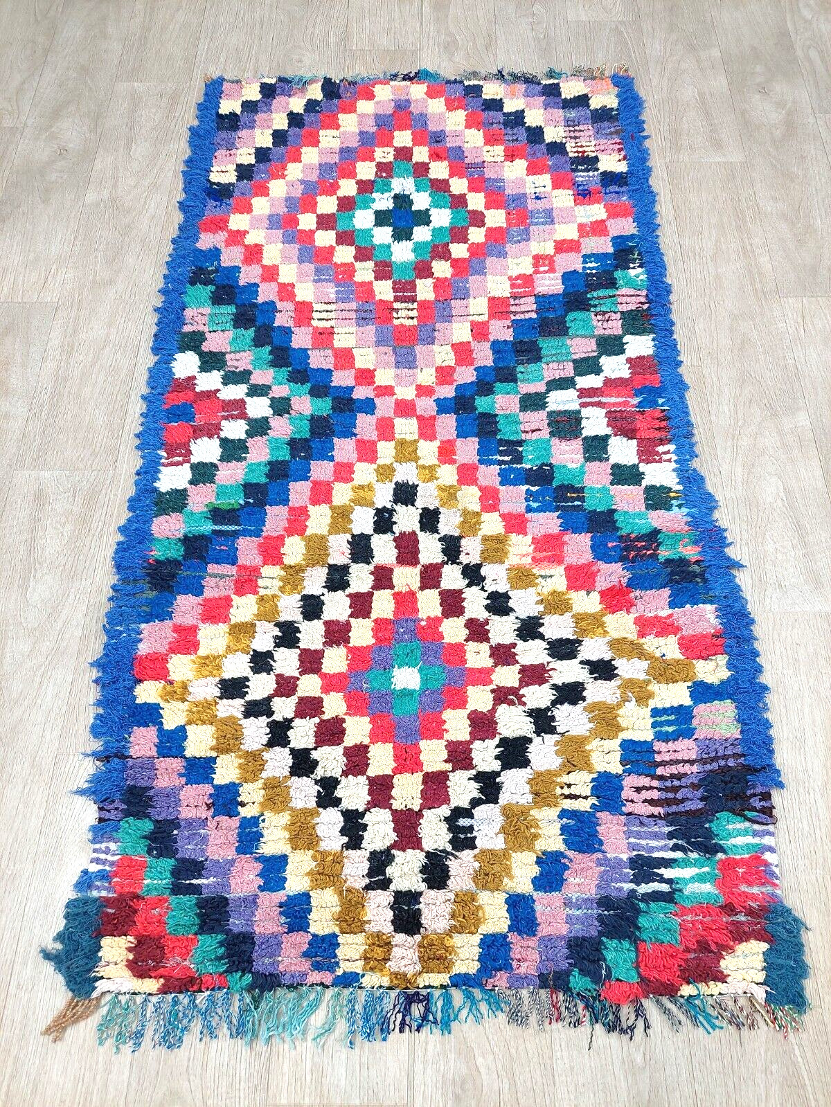 Vintage Moroccan Berber Area Rug 3×5 Colorful Blue Geometric Tribal Runner Rugs
