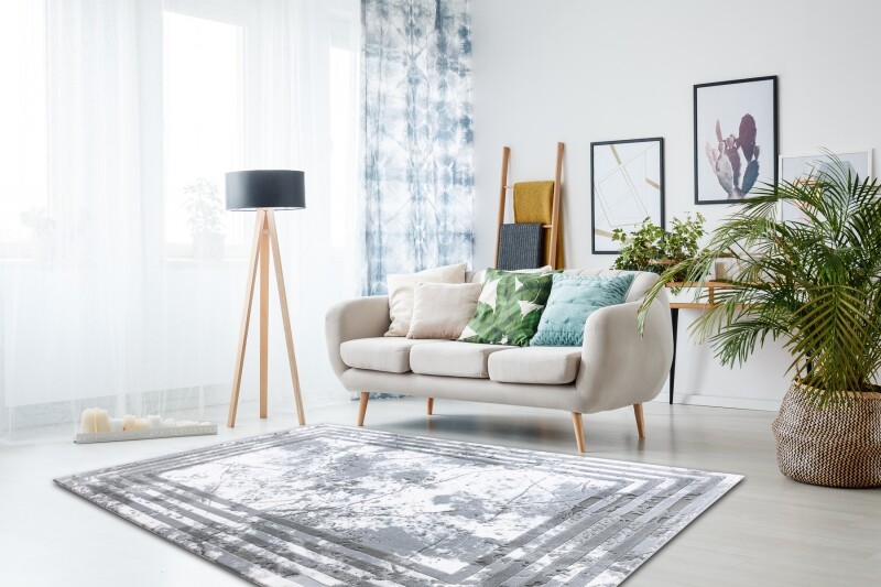 Modern Dense Woven Rugs ” Vals ” Acrylic Marble Frame Grey/ Ivory