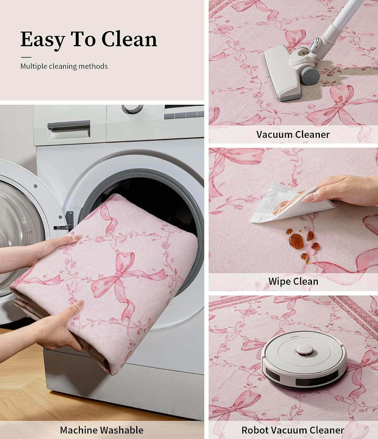 Pink Bow Entryway Rug for Girls: 3X5 Washable Floral Scalloped Rugs | Non-Slip L