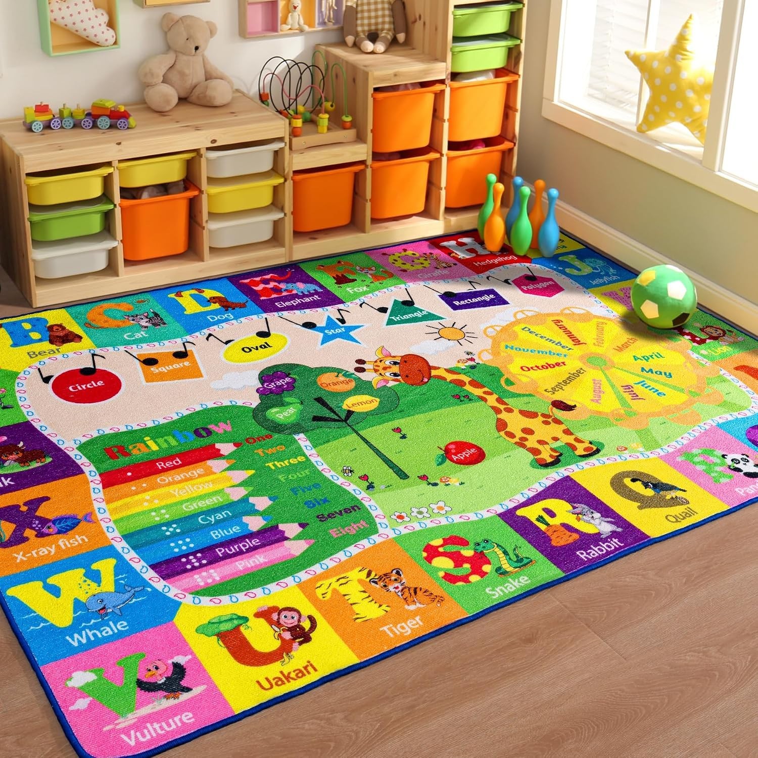Machine Washable 5×7 Kids Rug: Cartoon Animal Play Mat for Bedroom & Classroom