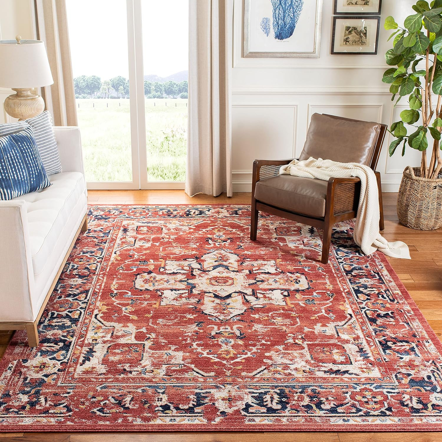 Charleston 8×10 Area Rug – Red & Ivory, Distressed Design, Easy Clean