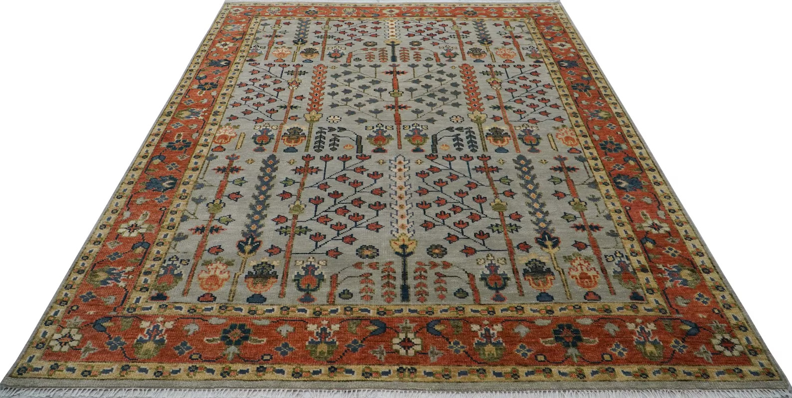 Hand Knotted Oushak Tree of Life Rug Vintage Style Wool Area Rug Floral Oriental