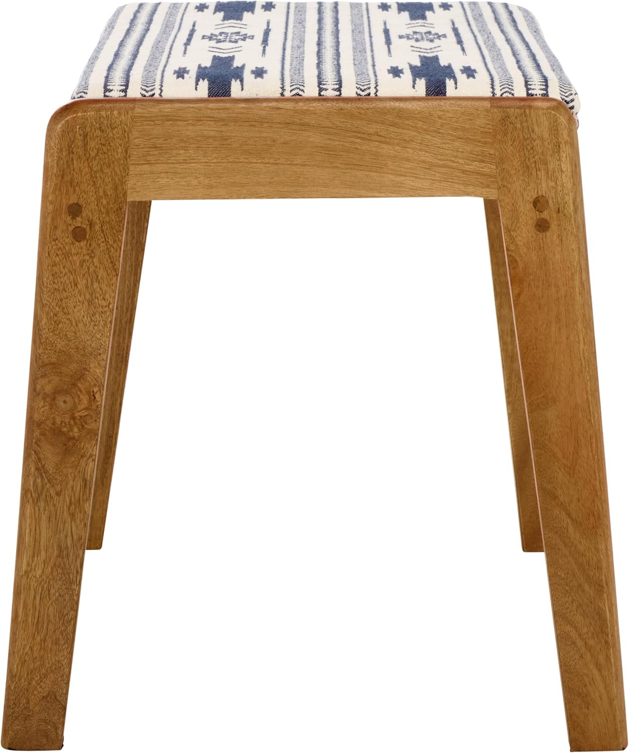 Boho Tribal Navy & White Ottoman with Natural Wood Frame – Fully Assembled