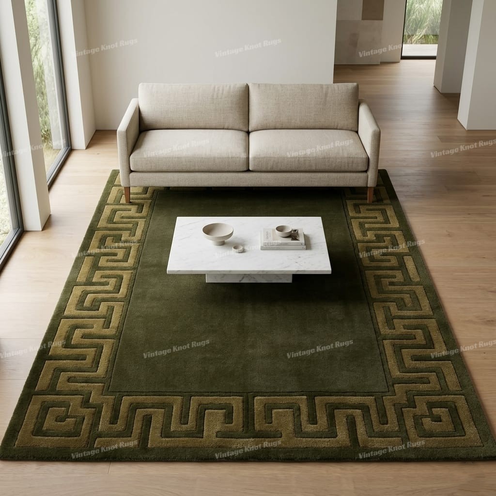Olive Green Wool Area Rug 8×10 9×12 Hand Tufted Modern Geometric Greek Key Rug