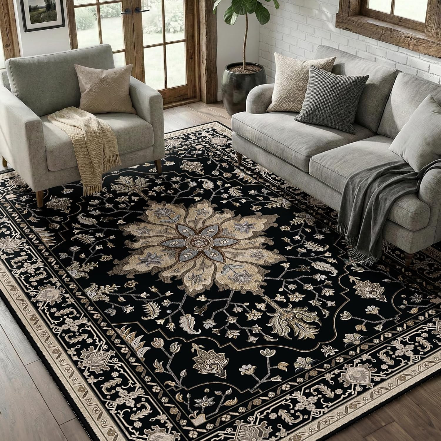 Washable Area Rug, 5’X7′, Black/Neutral | Non-Slip, Water Repellent, Pet Friendl