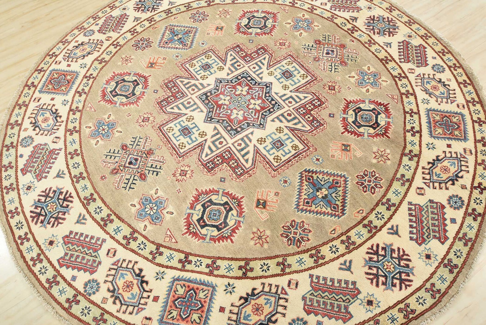 Kazak Rug 7’11” x 7’10” Round Brown Wool Tribal Hand-Knotted Oriental Carpet