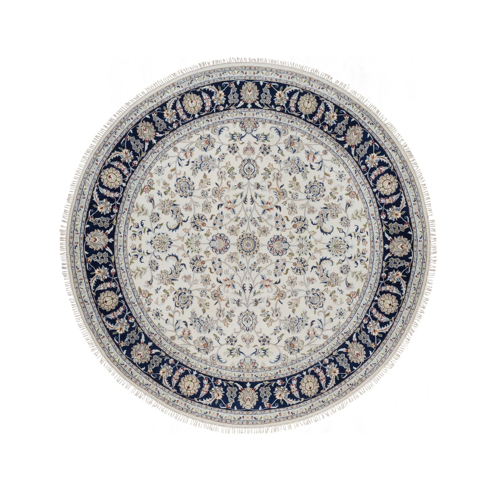 7’9″x7’9″ Ivory Wool and Silk Nain Flower Design Hand Knotted Round Rug R91622