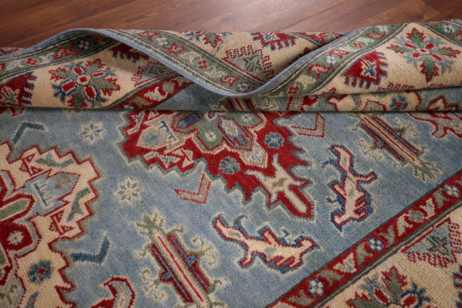 Vibrant Color Geometric Kazak Pakistani Traditional Rug Blue/ Ivory 4×6 ft