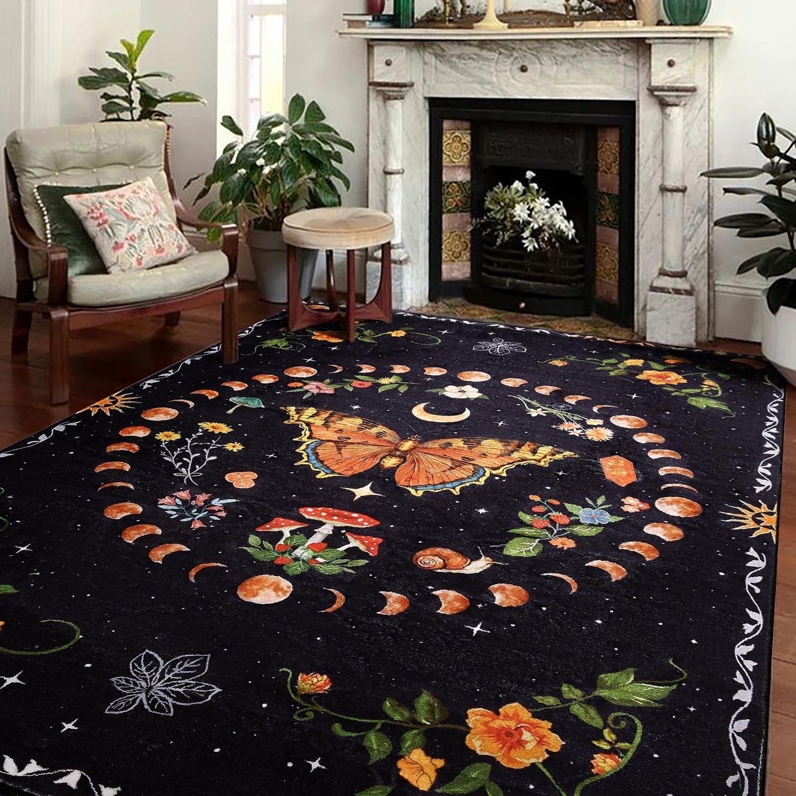 Ultra Thin Moody Black Floral Rugs Washable, Boho Cute Aesthetic Bedroom Rugs…