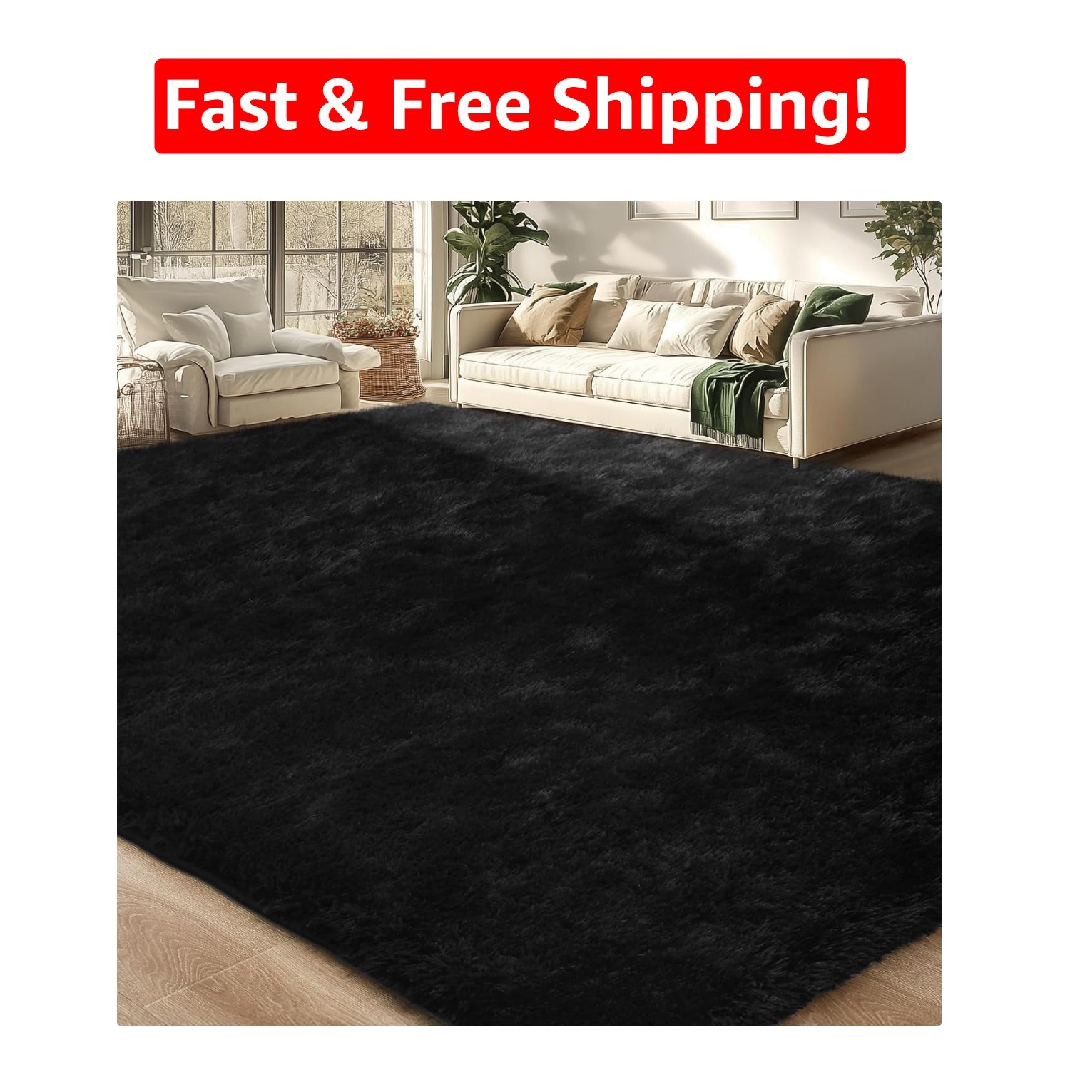 Modern Black Fluffy Area Rug – Cozy Washable Carpet for Bedroom & Nursery