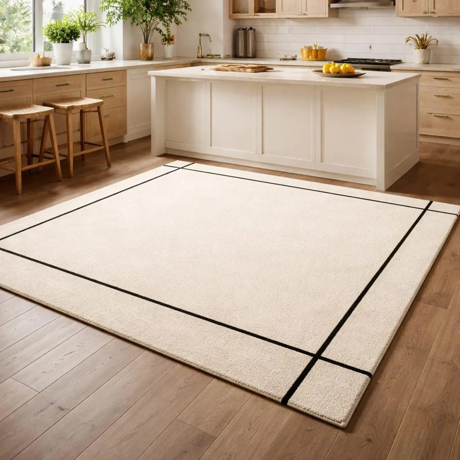 Hand Tufted Cream Wool Rug | Modern Minimalist Black Border Handmade Area Rug.