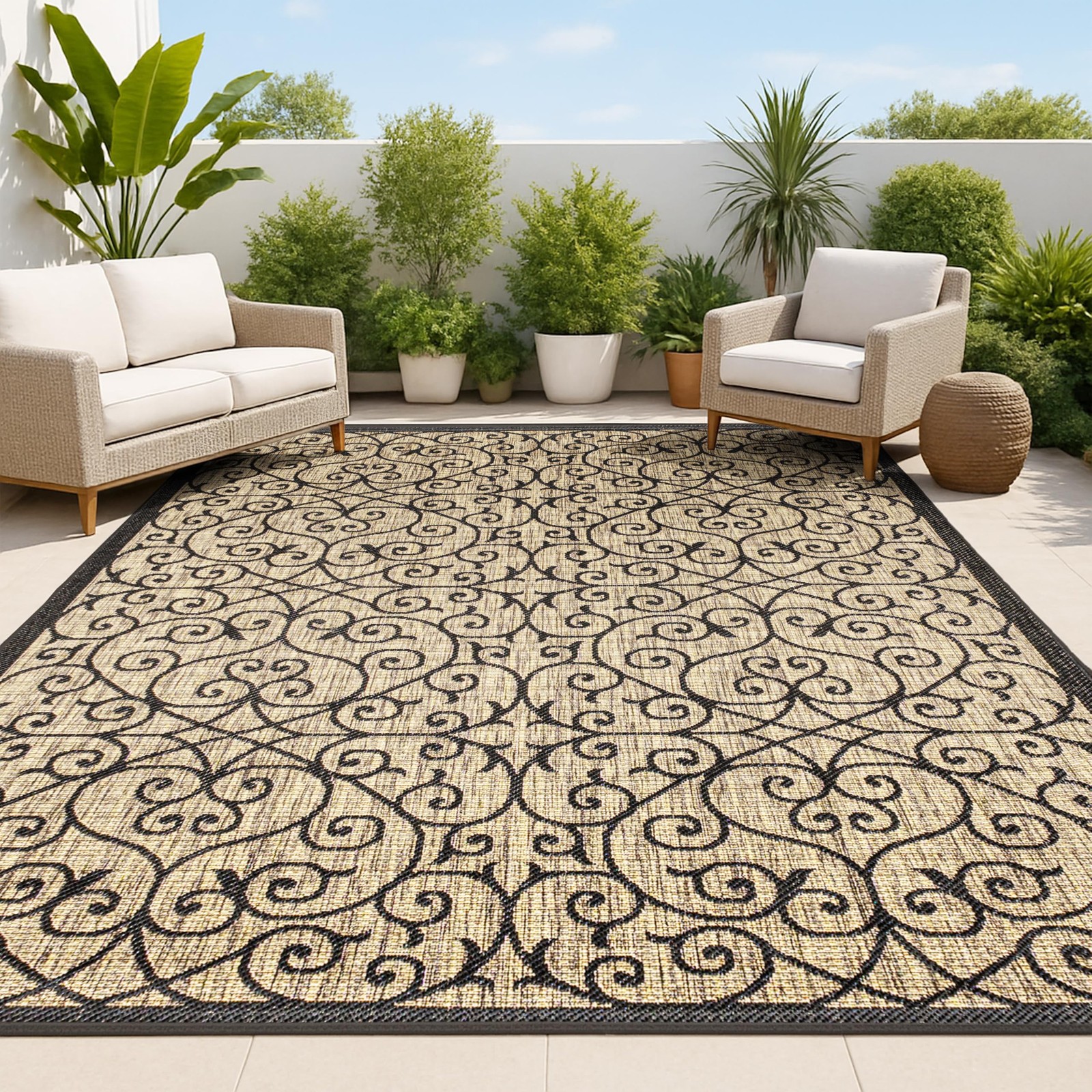 Vintage Filigree Indoor Outdoor Area Rug 3X5 Black/Khaki, Madrid Textured Wea…