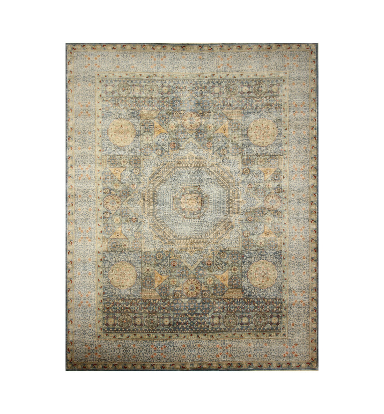 9 x 12 ft Teal Blue Mamluk Fine Hand Knotted Turkish Medallion Area Rug