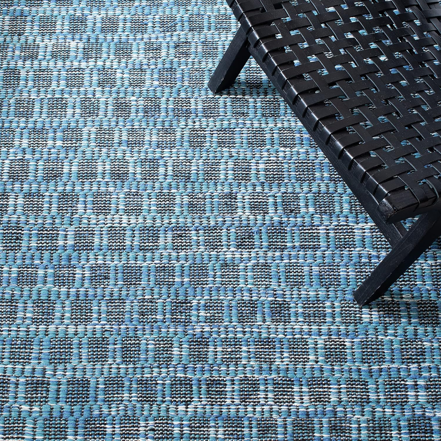 Kilim Area Rug 8×10 – Blue & Black Flat Weave Wool for Living Room & Office