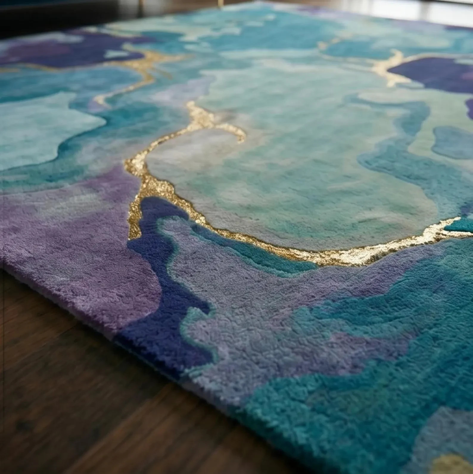 Hand Tufted Abstract Wool Silk Area Rug – Watercolor Carpet, Teal Purple Gold