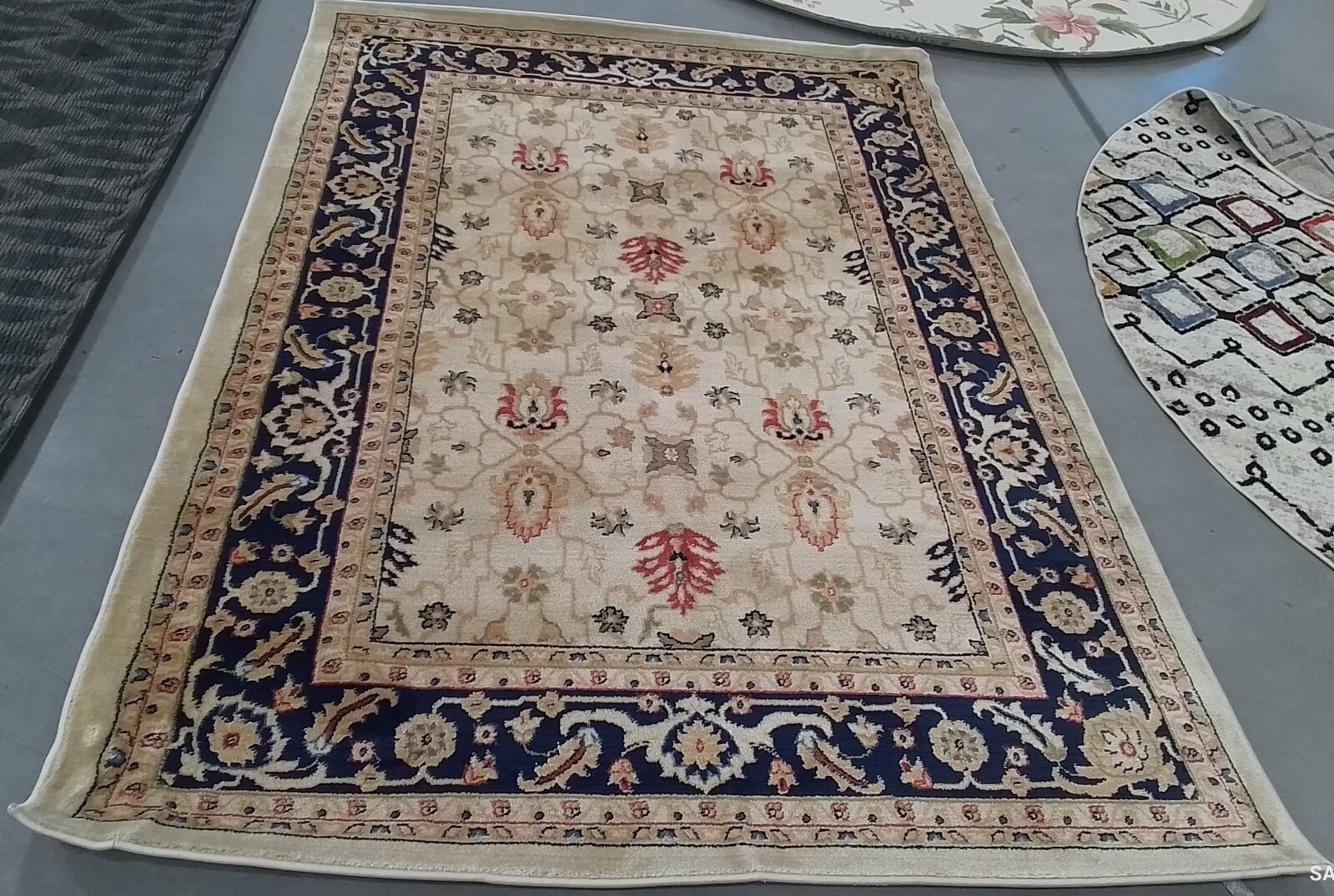 CREAM / NAVY 5′-3″ X 7′-6″ Stained Rug, Reduced Price 1172762988 AUS1620-1170-5