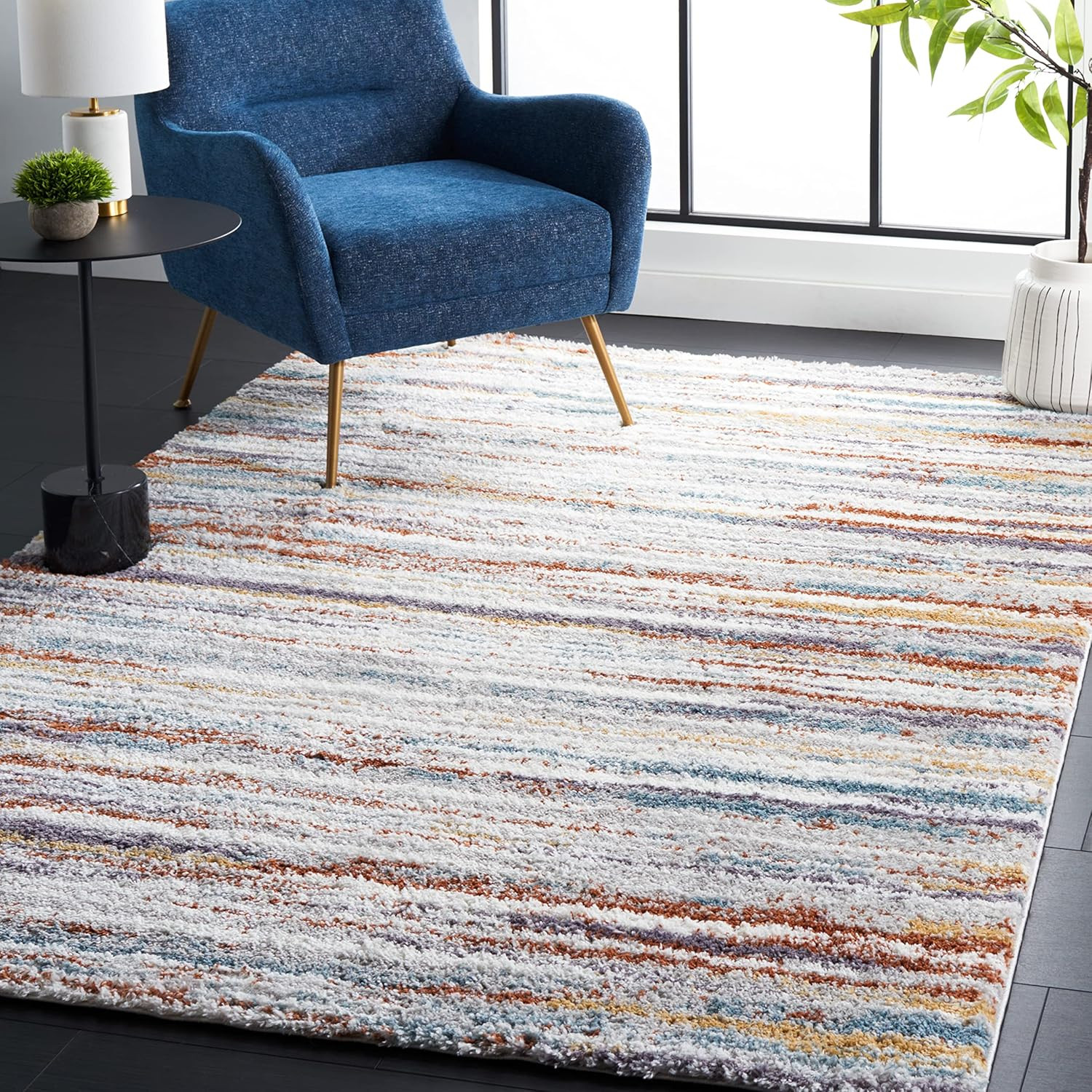 Berber Shag Area Rug 9′ x 12′ – Blue Rust Ivory Stripe, Non-Shedding, Easy Care